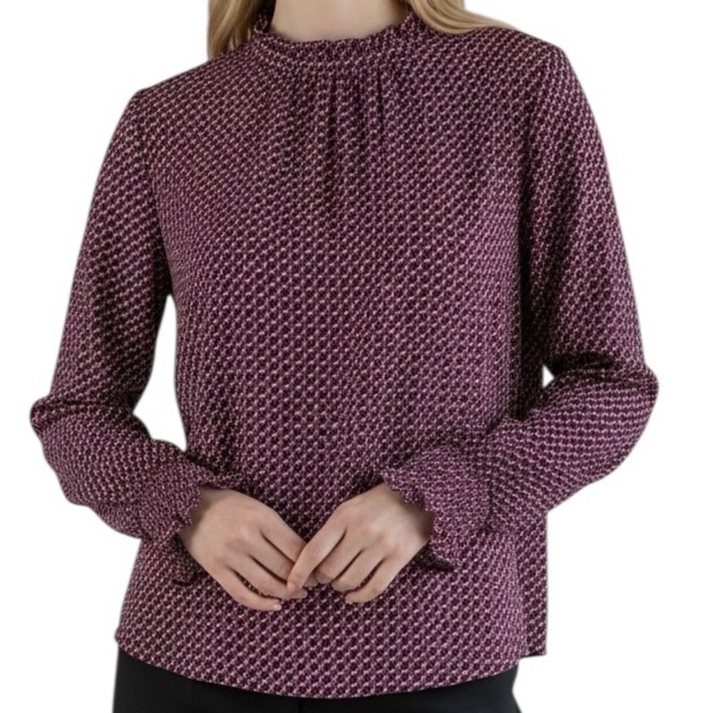 NWT ADRIANNA PAPELL Printed Ruffle Cuffed Long Sleeve Blouse Size Large